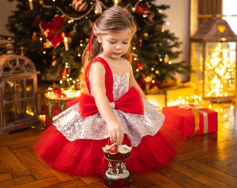 Toddler Party Dress with Tulle Tutu Skirt - Christmas Red Sequin Tutu Dress Girl, Holiday Infant Gown- 1st Birthday Dress