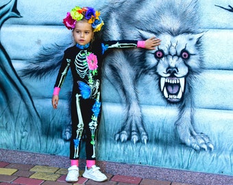 Kids Blue Halloween Bodysuit, Girls Halloween Costume, Butterfly Halloween Outfit, Girl Skull Costume