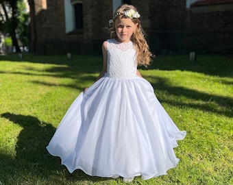 White boho shiffon girl dress beach wedding flower girl dress communion baby dress toddler birthday dress