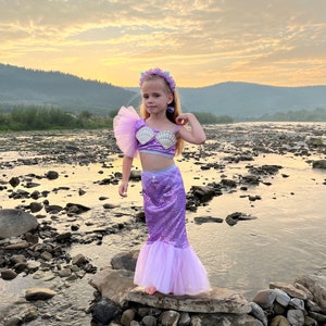 Enchanting Little Mermaid Tail Costume for Girls, Lavender toddler mermaid birthday, Off shoulder purple top, Tulle feather fishtail skirt