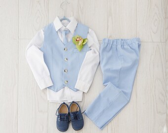 Traje de portador de anillo azul cielo para niños, conjunto de traje de lino con corbata, chaleco y pantalones, conjunto de traje de paje de boda para niño