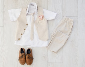 Natural Ring Bearer Outfit, Toddler Formal Wear for Wedding, Boys Linen Suit Set with Tie, Vest, and Pants