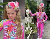 Kids Halloween Party Costume, Pink Girls Skeleton Bones Bodysuit, Funny Sugar Skull Jumpsuit, Trick or Treat, Day of the Dead