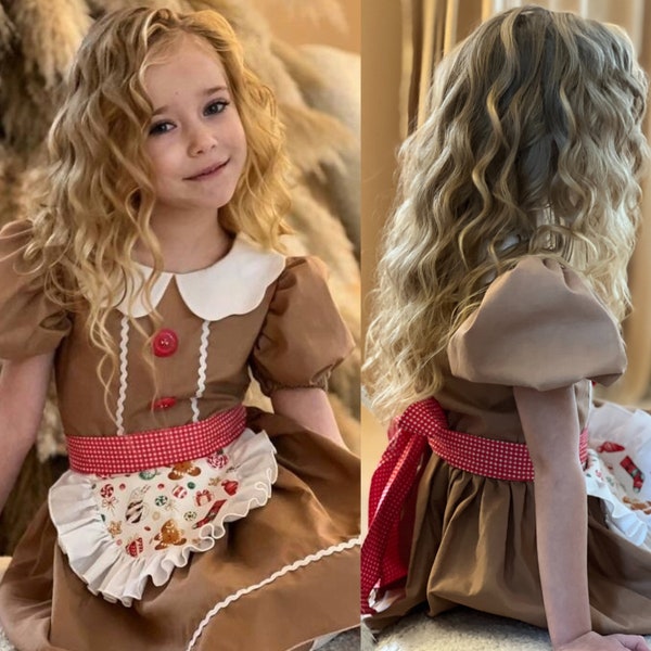 Robe de Noël pour fille, costume en pain d'épice, tenue de Noël, robe de vacances pour tout-petit, robe en pain d'épice