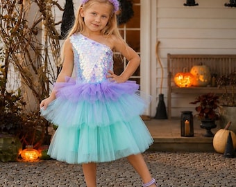 Lilac Mermaid Tutu Dress for Girls, Sequin Mermaid Costume, Aqua Purple Tulle Birthday Halloween Dress, Ages 1–8