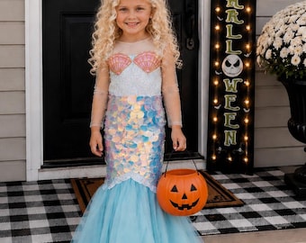 Mint Mermaid Dress for Girls, Long Sleeve Mermaid Costume, Sequin Halloween Dress with Train, Birthday Party Outfit, Age 1-10