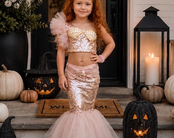 Blush Pink Mermaid Costume for Girl, Sequin Top and Mermaid Skirt Set, Girls Halloween Outfit, Birthday Photoshoot Dress, Age 1-10