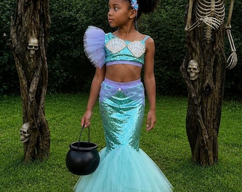 Mint Mermaid Set for Girls, Mint Sequin Top and Tail Skirt, Mermaid Halloween Costume, Birthday Outfit, Ocean Princess, 1-10Y