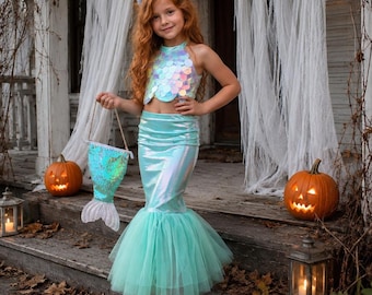 Mint Mermaid Costume for Girls, Sequin Top Shimmer Skirt Set, Girls Halloween Outfit, Birthday Mermaid Costume, Photoshoot Outfit, Age 3-8