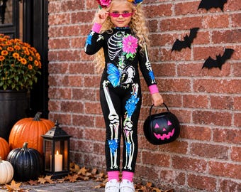 Floral Skeleton Costume for Girls, Neon Halloween Jumpsuit, UV Glow Outfit Ages 2-10