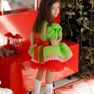 Kids Christmas Dress, Santa First Christmas Dress, Green and Red Party Outfit, Elf Cosplay Costume, Christmas Party Attire for Girl image 10