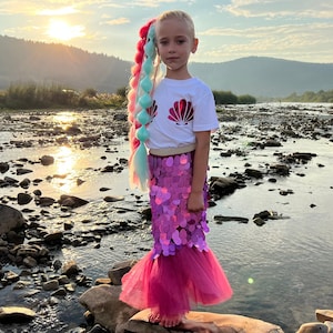 Arielle, das Meerjungfrau-Kleid-Schwanz-Kostüm für Mädchen - funkelnder rosa Pailletten-Rock mit Muschel, Meerjungfrau-T-Shirt, Meerjungfrau-Prinzessin-Party-Outfit