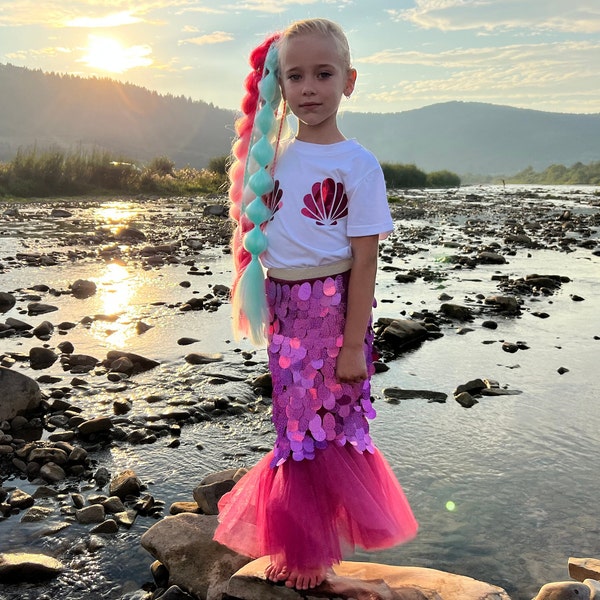 Little Mermaid Dress Tail Costume for Girls - Sparkling Pink Sequin Skirt with Seashell Mermaid Tshirt, Mermaid Princess Party Outfit