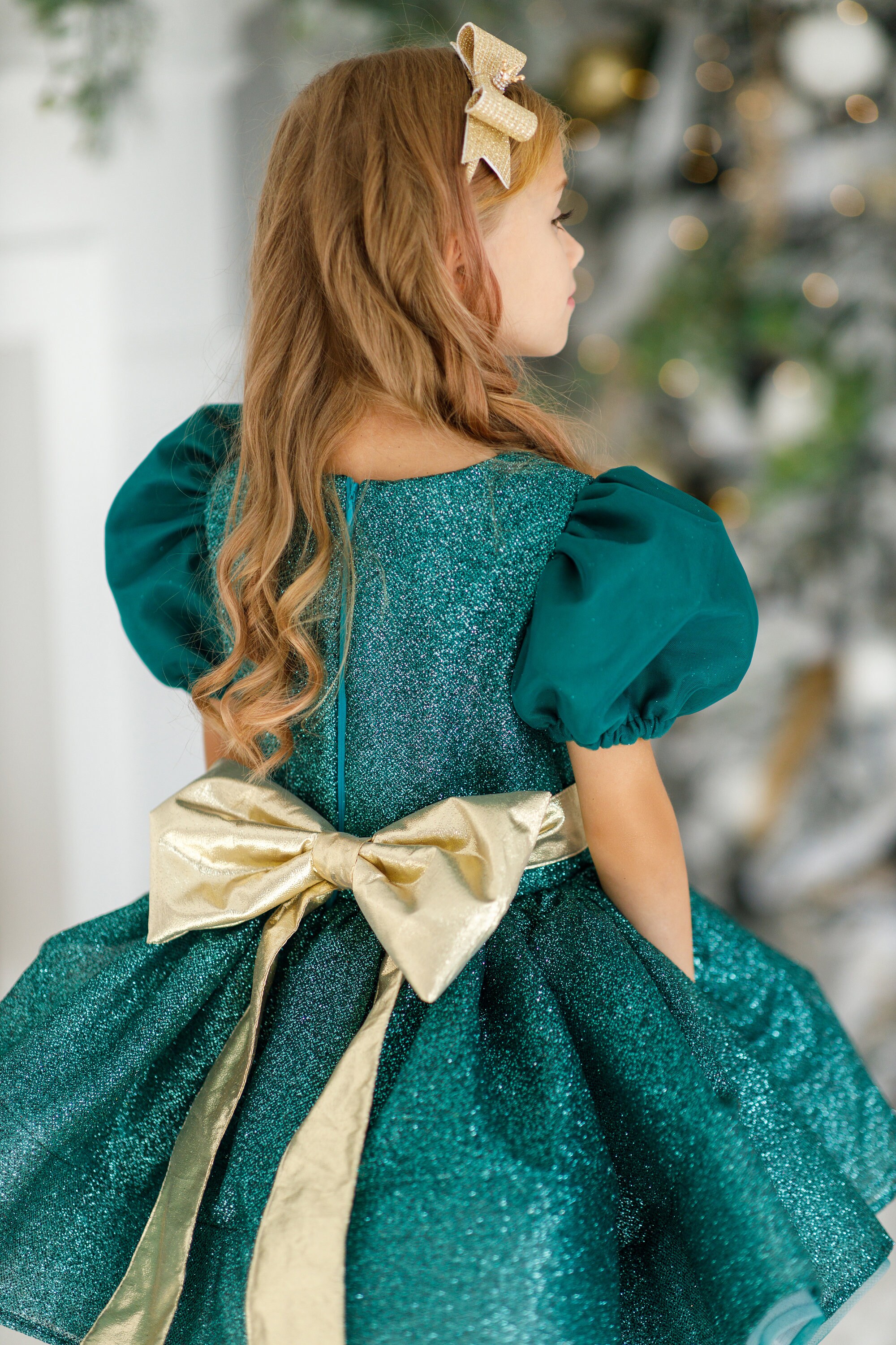Emerald Green Christmas Dress for Girls Sparkling Holiday Dress with Gold Sash Winter Festive Outfit Holiday Kids Gown Emerald Green Christmas Dress for Girls Sparkling Holiday Dress with Gold Sash Winter Festive Outfit Holiday Kids Gown