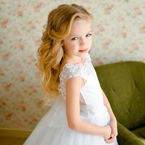 Flower girl white dress, lace shops wedding gown, open back princess tutu, floor length dress, toddler birthday party, special occasion dress