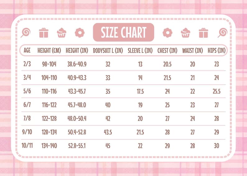 Size chart for the kids pink monster costume