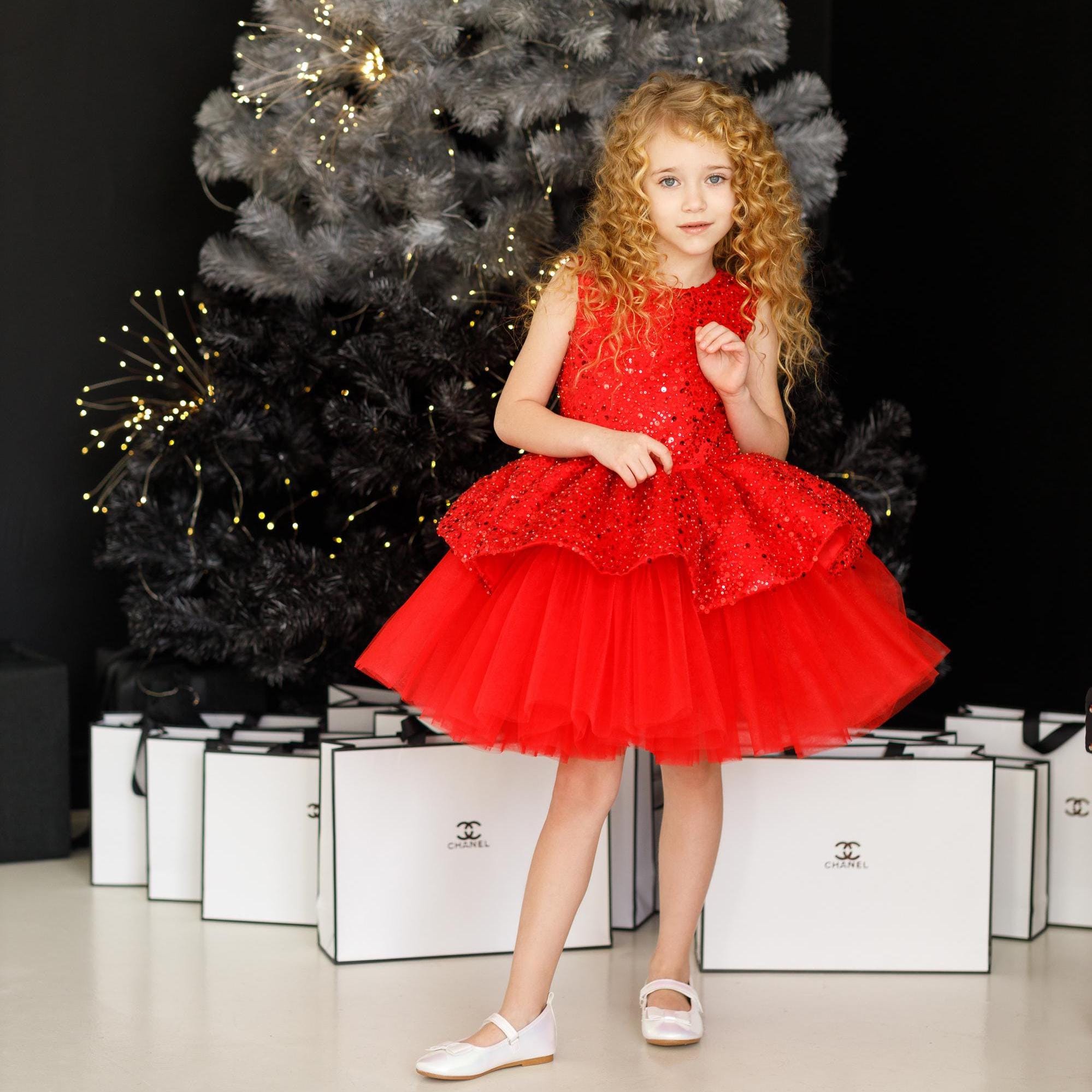 Tutu Red Christmas Dress Kids Scarlett Shimmer Christmas Long Sleeve Tutu  Dress: 4T