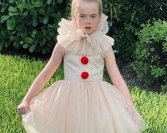 Scary Clown Girl Costume — Creepy Vintage Circus Dress with Ruffles, Beige Tulle, Halloween Carnival Outfit