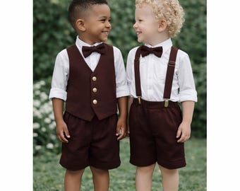 Chocolate Brown Boys Shorts Outfit with Suspenders, Linen Summer Wedding Outfit, Ring Bearer Look