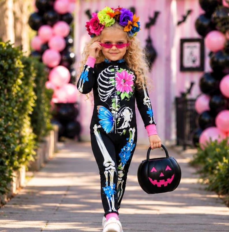 May include: A black long-sleeve jumpsuit featuring a white skeleton print, a vibrant pink flower, and a blue butterfly graphic. The outfit includes pink wrist cuffs and is paired with a black pumpkin-shaped bucket and a colorful floral crown.