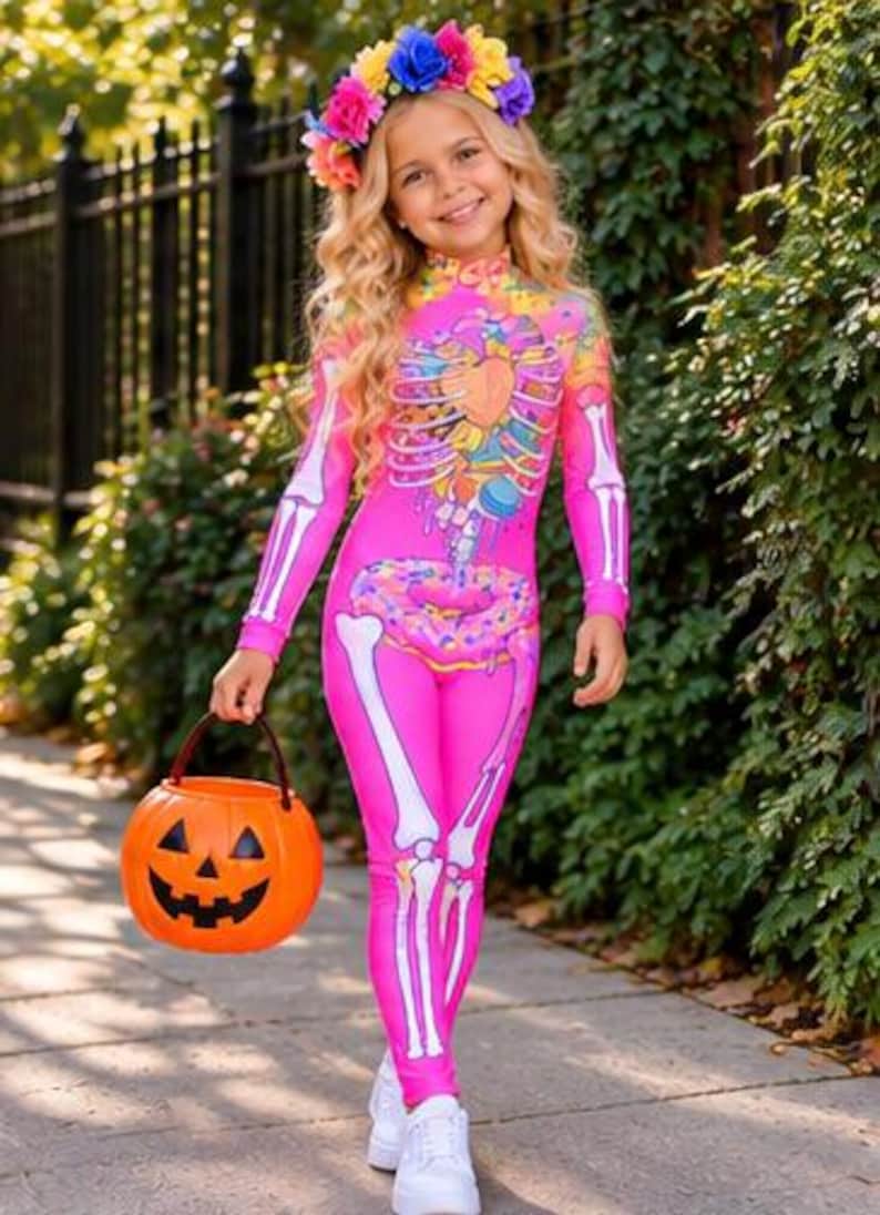 May include: A bright pink long-sleeve jumpsuit featuring a white skeleton print on the arms and legs, with a colorful graphic of a heart and donuts on the torso. The outfit is paired with a floral crown and an orange plastic jack-o'-lantern bucket.