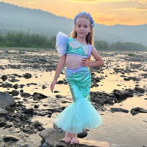 Kleines Meerjungfrauen Kostüm für Mädchen, Mint Kleinkind Mädchen Prinzessin Geburtstag, Schulterfrei Mint Top, Tüll Feder Fischschwanz Rock