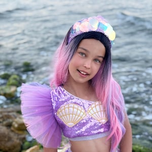 Purple Sequin Mermaid Tiara for Girls – Adjustable Headband (3–8Y), Birthday/Halloween, Tail Bag Option