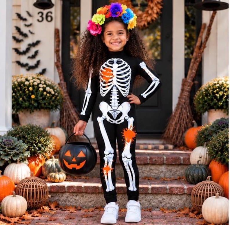 May include: A black long-sleeved jumpsuit featuring a white skeleton print with orange paint splatter accents, paired with a colorful floral crown. The jumpsuit has a fitted silhouette and is worn with white sneakers while holding a plastic pumpkin bucket.