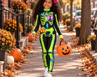 Girls Neon Skeleton Jumpsuit, Halloween Costume, Glow Party Outfit, Ages 2-10