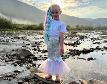 Enchanting Little Mermaid Tail Costume for Girls with Seashell Print T-Shirt, Perfect for Fantasy Cosplay, Birthdays, Toddler fishtail skirt