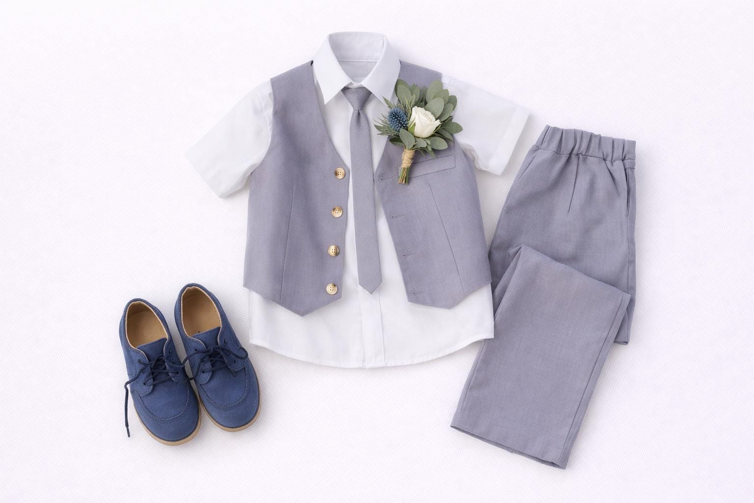 Grey Linen Ring Bearer Suit, Boys Wedding Vest Pants Tie Set, Toddler Formal Wear