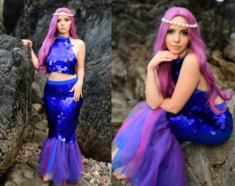 Enchanting Blue Mermaid Tail Costume for Adults - Perfect for Halloween, Cosplay and Themed Parties - Blue fish tail skirt and top