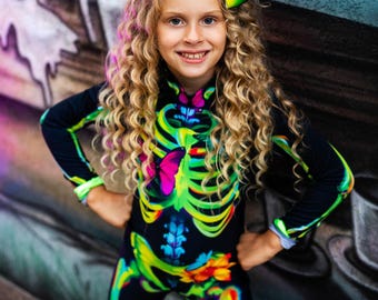 Rainbow Bones Kids Bodysuit — UV Blacklight Costume, Girls Halloween Outfit, Sizes 2–10Y, Wreath/ Braids/ Backpack Options
