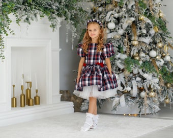 Festive Plaid Christmas Dress for Girls With Tulle Petticoat Party