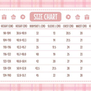 May include: A pink and white plaid size chart for children's clothing. The table includes columns for age, height in centimeters and inches, bodysuit length, sleeve length, chest, waist, and hips in inches, with rows ranging from age 2/3 to 10/11.