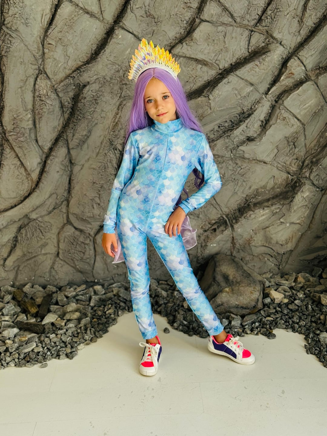 Aqua Blue Girls Mermaid Costume Jumpsuit, Ocean Themed Party Wear - Main Image