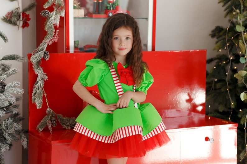 Kids Christmas Dress, Santa First Christmas Dress, Green and Red Party Outfit, Elf Cosplay Costume, Christmas Party Attire for Girl image 1