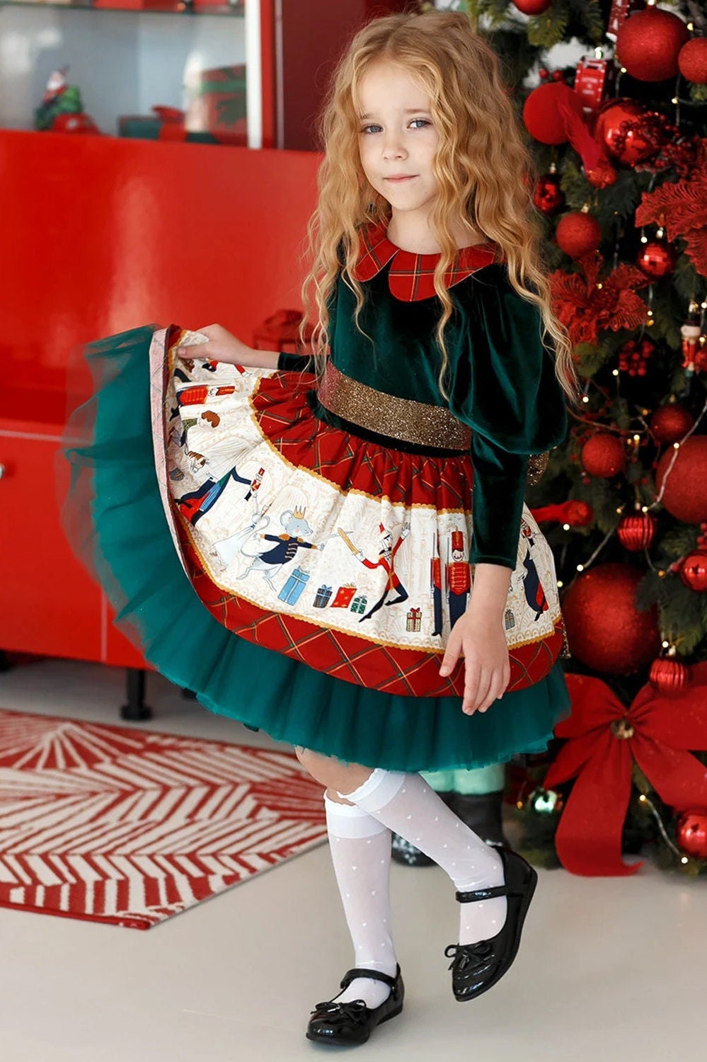 Kids Christmas Dress, Tartan Green Holiday Outfit, Nutcracker Baby Girl Dress, Baby 1st Christmas Gift Toddler Party Puffy Skirt