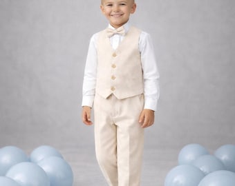 Natural Linen Boy Suit with Bow Tie, Beige Vest Pants Set, Ring Bearer Outfit, Toddler Wedding Suit 1-8 Years