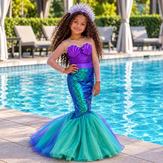 Buy Mermaid Dress Girls, Mermaid Costume Toddlers, Girls Sequin Purple Green Dress, Halloween Birthday Party, Mermaid Dress Tail Online in India