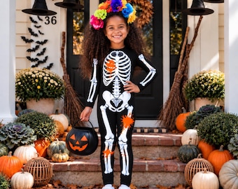 Girls Skeleton Jumpsuit, Halloween Costume, Spooky Bones Outfit, Kids Costume 2-10Y