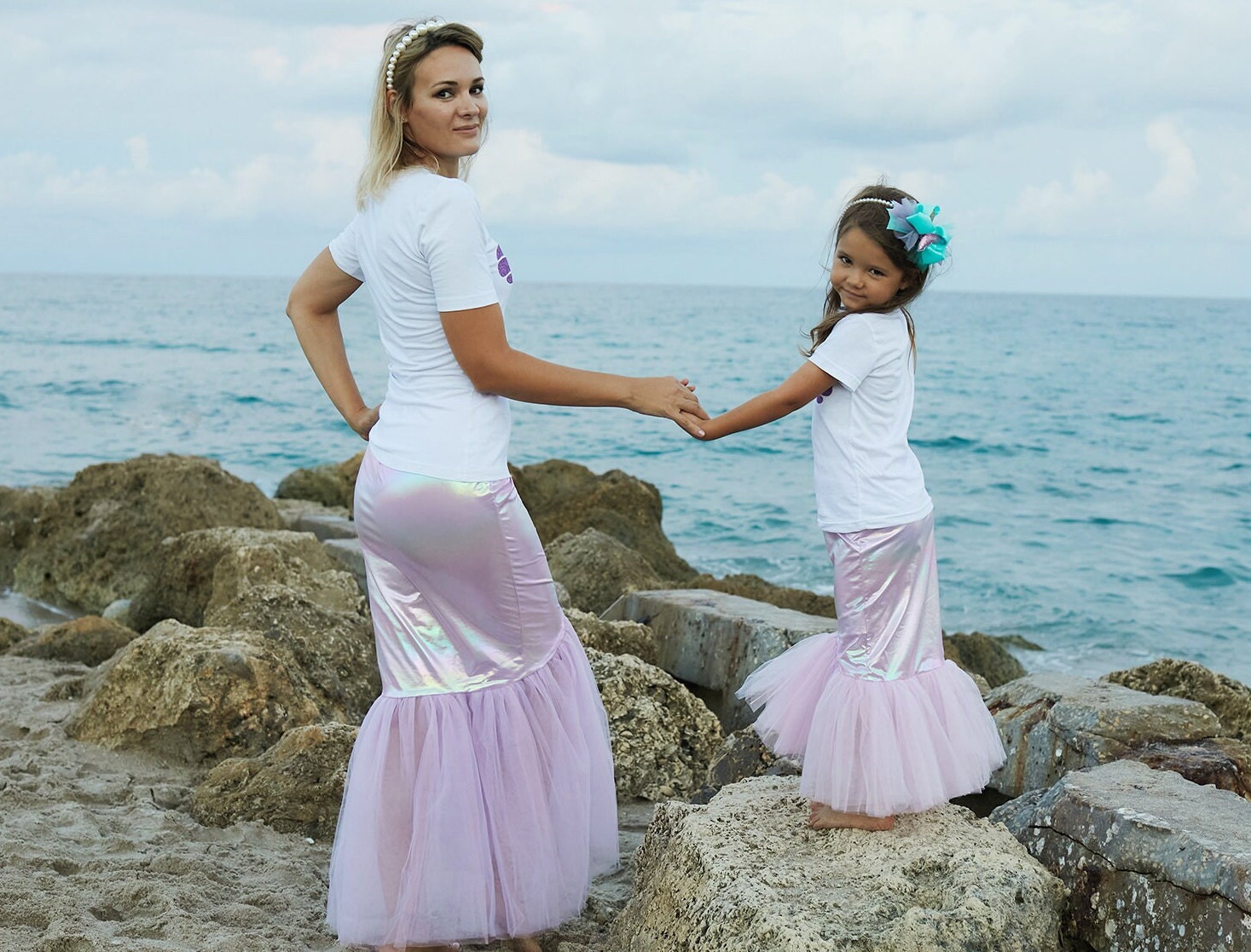 Matching Mermaid Mommy and Me Outfits Dazzling Mermaid Tail Costume Lavender Fishtail Skirt Set Fantasy Cosplay Under the Sea Birthdays