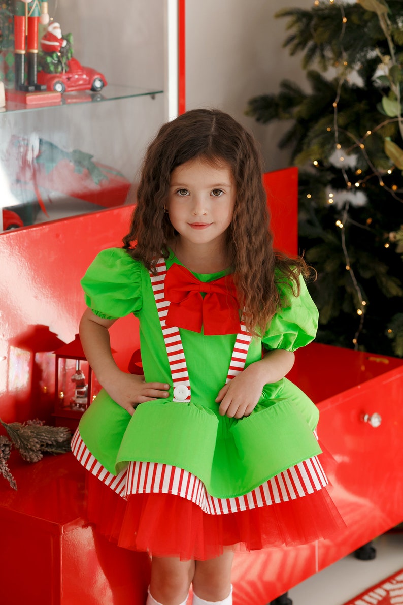 Kids Christmas Dress, Santa First Christmas Dress, Green and Red Party Outfit, Elf Cosplay Costume, Christmas Party Attire for Girl image 8