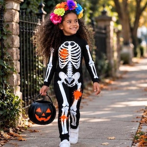 May include: A black long-sleeved jumpsuit featuring a white skeleton print on the front with orange paint splatter accents. The outfit is paired with a colorful floral crown and a black plastic pumpkin-shaped trick-or-treat bucket.