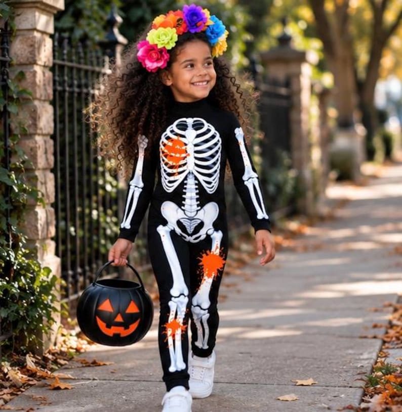 May include: A black long-sleeved jumpsuit featuring a white skeleton print on the front with orange paint splatter accents. The outfit is paired with a colorful floral crown and a black plastic pumpkin-shaped trick-or-treat bucket.