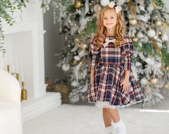 Robe de Noël à carreaux pour fille - Robe de soirée - Tartan festif avec jupon en tulle amovible - Tenue de vacances polyvalente