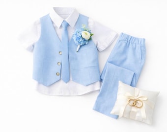 Sky Blue Ring Bearer Outfit for Boys  Linen Suit Set with Tie, Vest, and Pants Wedding Page Boy Suit Set