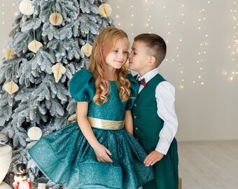 Christmas Dresses For Girls Emerald Green Christmas Dress For Girls  Sparkling Holiday Dress With Gold Sash