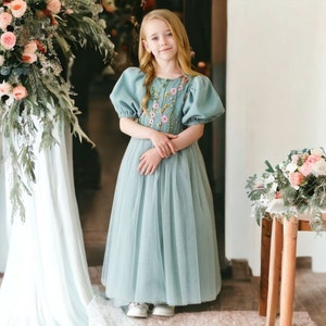 Embroidered Flower Girl Dress - Mint tulle dress  - Boho style - Ideal for Weddings, Baptisms & Special Occasions