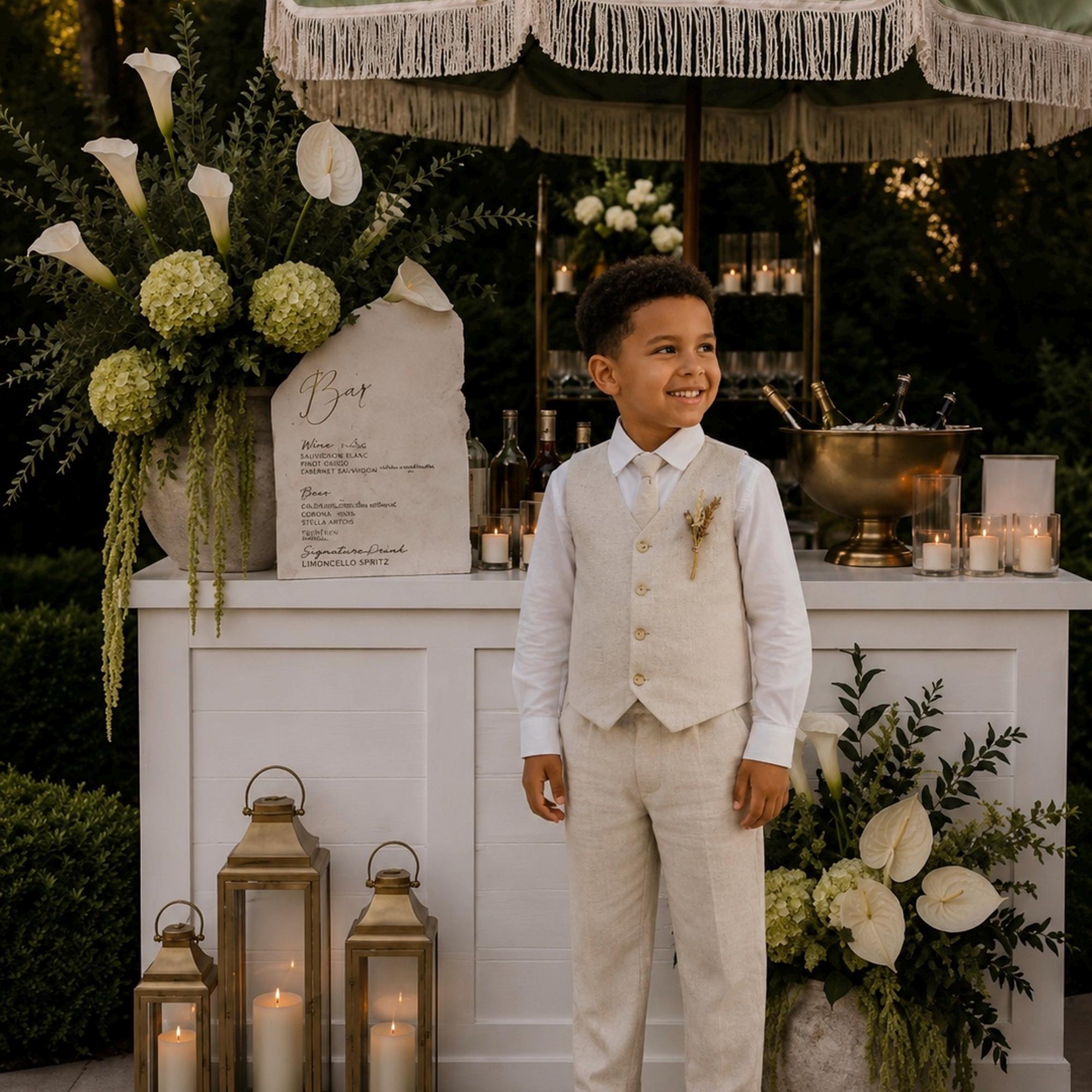 Undyed Beige Linen Boy Suit - Vest, Necktie & Pants Wedding Outfit for Boys 1-8 Years